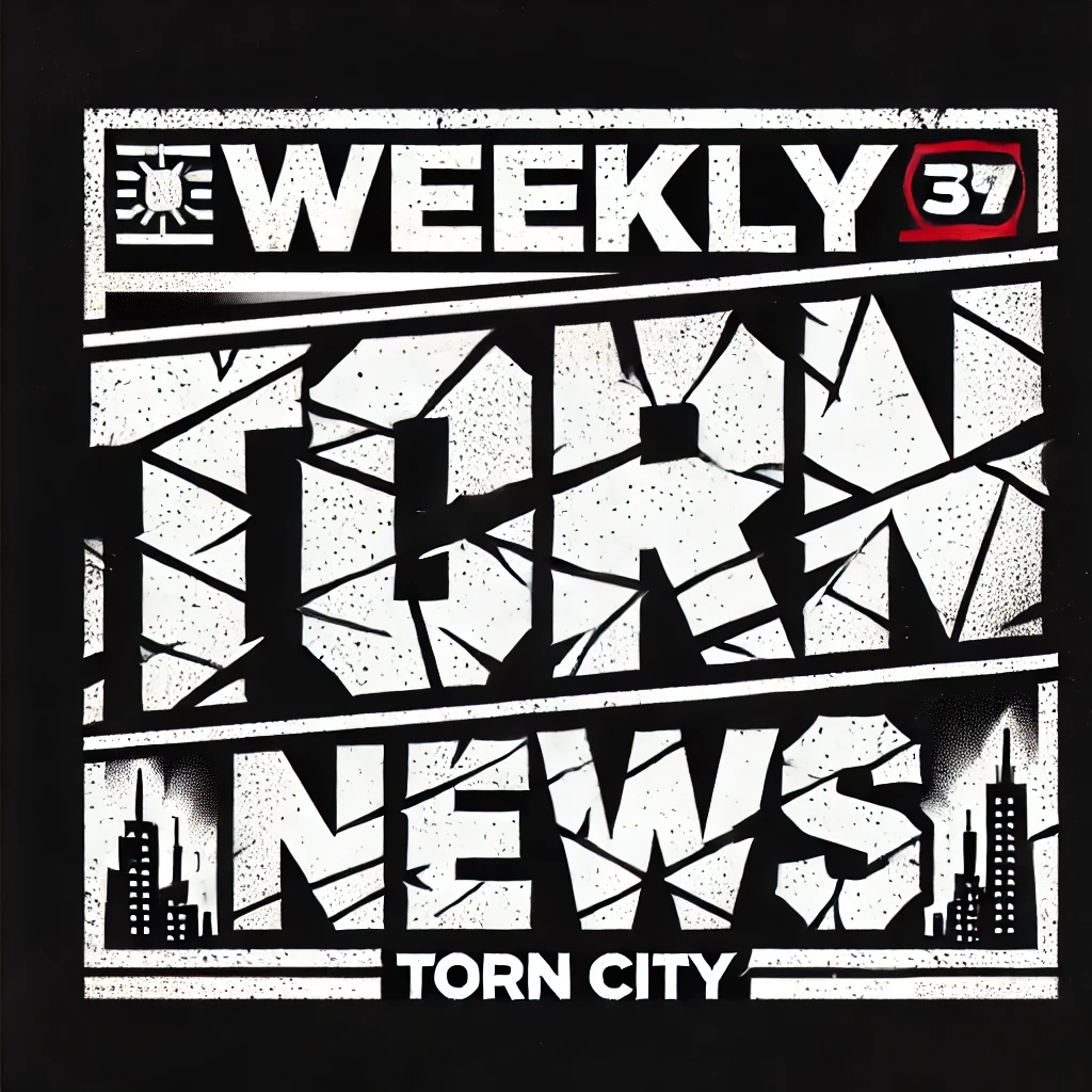 A bold and eye-catching logo for 'Weekly Torn News,' inspired by the classic 'Weekly World News' style but with a distinct Torn City twist. The design should feature large, blocky, high-contrast text, similar to tabloid-style headlines. The word 'Torn' should have a gritty, torn-paper or scratched metal effect, emphasizing the underground, chaotic nature of the publication. The background should be simple and clean, removing any unnecessary elements, focusing solely on the bold text and its impact. The overall color scheme should be bold, with black, white, and a hint of red for dramatic effect.