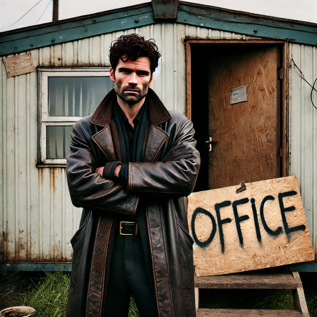 A rugged man with short dark hair, wearing a leather coat over a dark shirt, standing in front of a small, worn-down mobile home. A makeshift sign reading 'OFFICE' is spray-painted on a piece of plywood and nailed to the side of the mobile home. The setting is gritty and unkempt, with patches of dirt and sparse grass surrounding the structure. The man has a serious, no-nonsense expression, arms crossed or resting at his sides, giving off a tough and streetwise vibe.