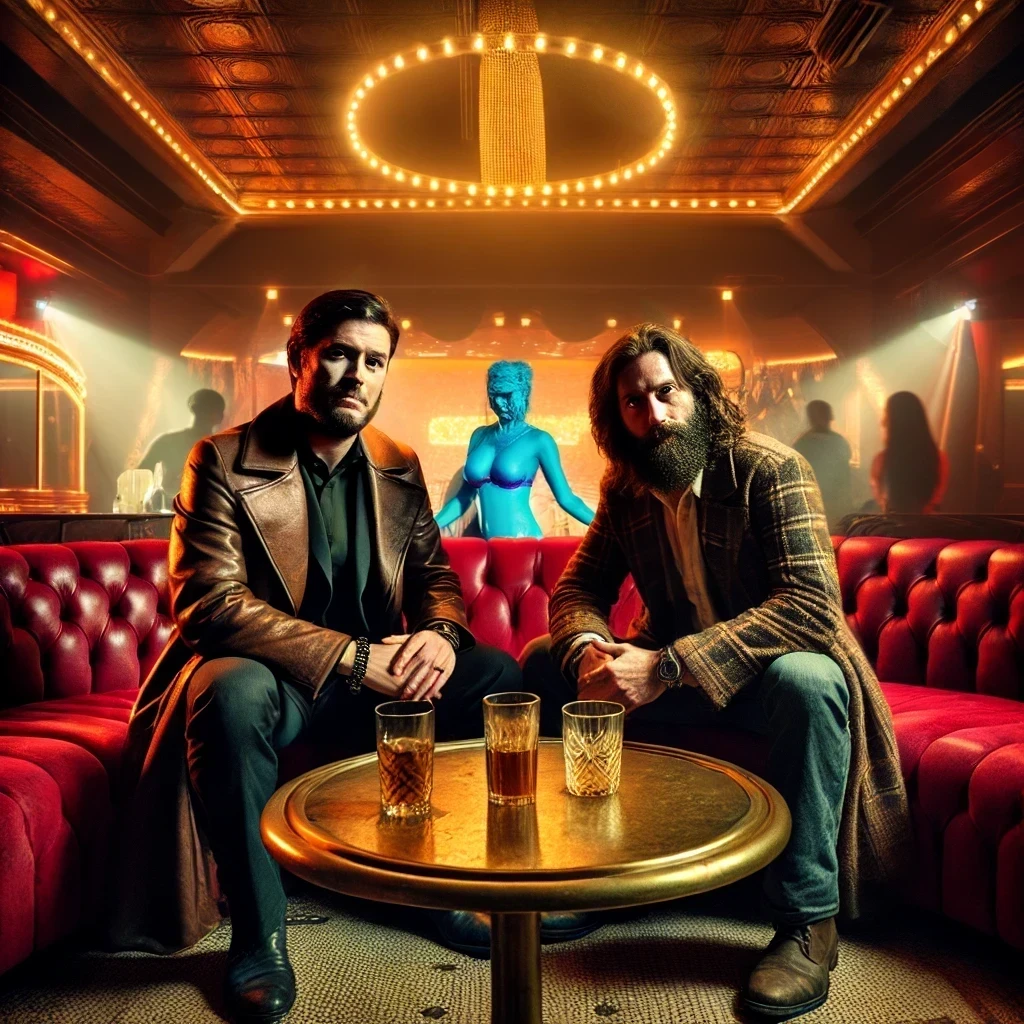 A dimly lit gentlemen's club with plush red seating, golden lighting, and a lively background featuring a stage with exotic blue-skinned alien dancers. Two men, resembling the ones described in the provided images, are sitting at a round table with drinks in front of them. One is dressed in a rugged leather coat with no clerical collar, just a casual dark shirt underneath, and the other, now properly resembling the bearded man with long hair in a plaid shirt, has a relaxed but guilty expression. Both are looking directly towards the viewer, as if they have just been caught in the act. The setting includes neon signs and an upscale yet somewhat shady atmosphere.