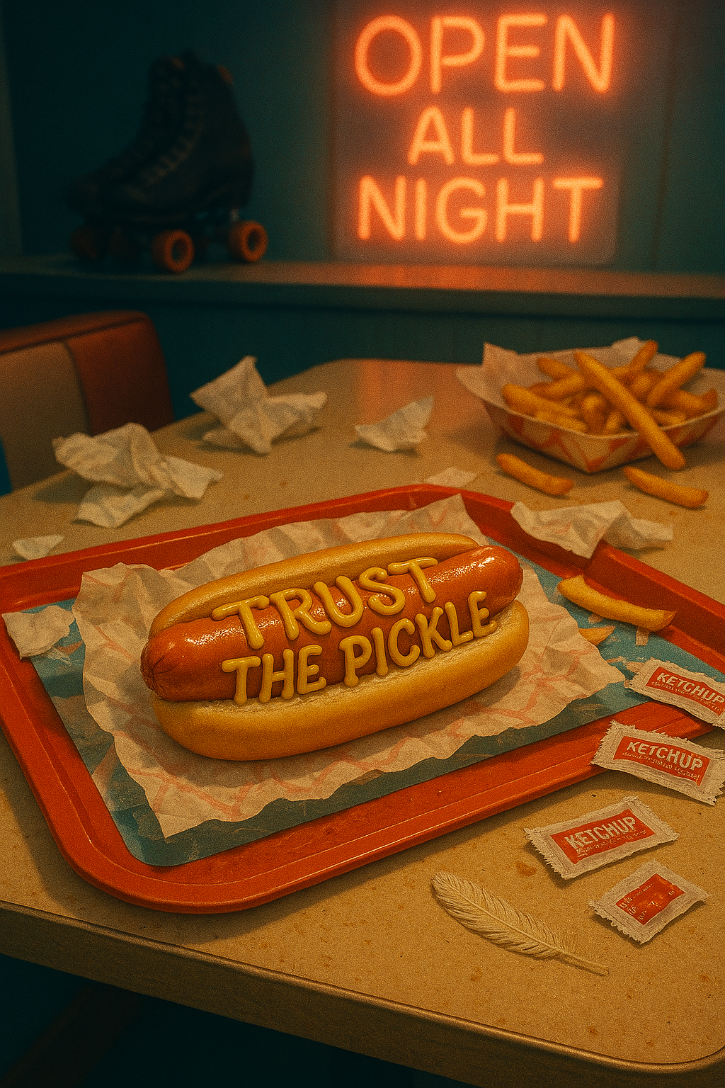 A cluttered, brightly lit fast food table covered in napkins, ketchup packets, and a half-eaten tray of fries. In the center, a hot dog sits on a crumpled wrapper, and across the bun is a message written in precise, looping script using mustard. The message reads: “TRUST THE PICKLE.” The mustard glistens slightly under fluorescent lights. The tray has a sci-fi sticker of a raccoon in goggles on the side. Behind the scene, blurry in the background, are roller skates leaning against a wall and a neon sign that says “OPEN ALL NIGHT.” The whole image has a nostalgic 1980s vibe with saturated colors and soft grain.
