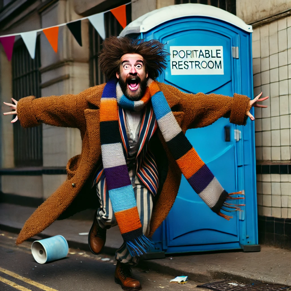 A quirky man with a wild, eccentric expression, wearing an oversized coat and a long, multicolored striped scarf. He is running excitedly toward a blue portable restroom, arms outstretched as if he believes it is a portal to another dimension. His expression is a mix of excitement and determination. The setting is an urban street with a slightly whimsical and surreal atmosphere, featuring scattered debris and dim evening lighting.