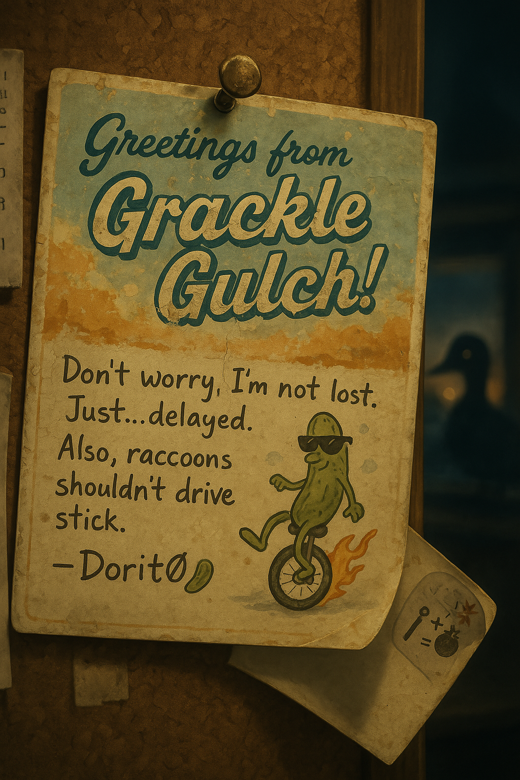A faded postcard pinned to a cork bulletin board inside a dusty, low-lit roadside diner. The postcard reads “Greetings from Grackle Gulch!” in cheerful retro script, but the colors are sun-bleached and peeling. Below the printed message, a handwritten note reads: “Don’t worry, I’m not lost. Just…delayed. Also, raccoons shouldn’t drive stick. —Dorit0 🥒” A crude doodle on the card shows a pickle wearing sunglasses, riding a flaming unicycle. The postcard is pinned with a greasy thumbtack. The background is a faded corkboard with a few other scraps and receipts blurred out. On the back of the postcard (visible in a small curl or corner fold), there’s a cryptic etched symbol: a wand emoji, a zipper-mouth emoji, and an explosion emoji (🪄 + 🤐 = 🧨). Outside the diner window in the background—barely noticeable but present—is the silhouette of a duck watching. The duck’s eyes gleam faintly in the light. Style: hyper-realistic with slight vintage film grain. Emphasis on texture (paper, cork, grease smudges, sun fading).