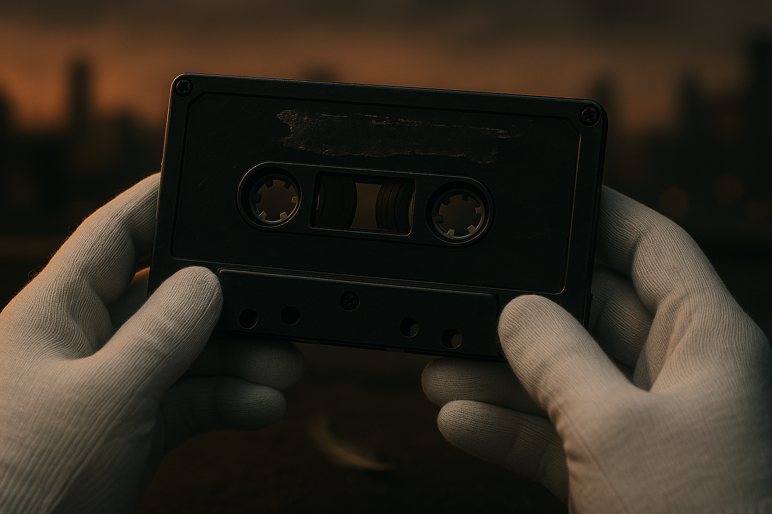 A close-up, cinematic image of a worn black cassette tape held in light-skinned, gloved hands (white mime gloves with subtle creases). The cassette is old and slightly warped, with no label—only faint scrape marks where one used to be. The tape reels are unevenly wound inside. The background is dim and out of focus, suggesting an urban rooftop at dusk, with the faint glow of a polluted orange-gray skyline. A faint feather or scrap of ribbon lies on the ground near the bottom edge of the frame, just barely visible. The lighting is moody and noir-style, with soft shadows and a slight metallic reflection on the cassette’s screws and plastic shell. The image evokes mystery, memory, and something ominous just beneath the surface. Style: semi-realistic or cinematic, film grain optional. Do not show the player, just the tape in hand.