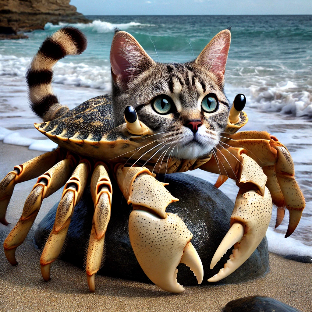 A fantasy hybrid creature that combines a crab and a cat. The creature has the body and claws of a crab with a hard, textured shell, but its face, ears, and eyes resemble a playful, curious cat. It has a feline tail protruding from its shell and cat-like whiskers on its crab face. The setting is a rocky beach with ocean waves in the background, and the Crab-Cat is perched on a rock, blending elements of marine life and feline charm.