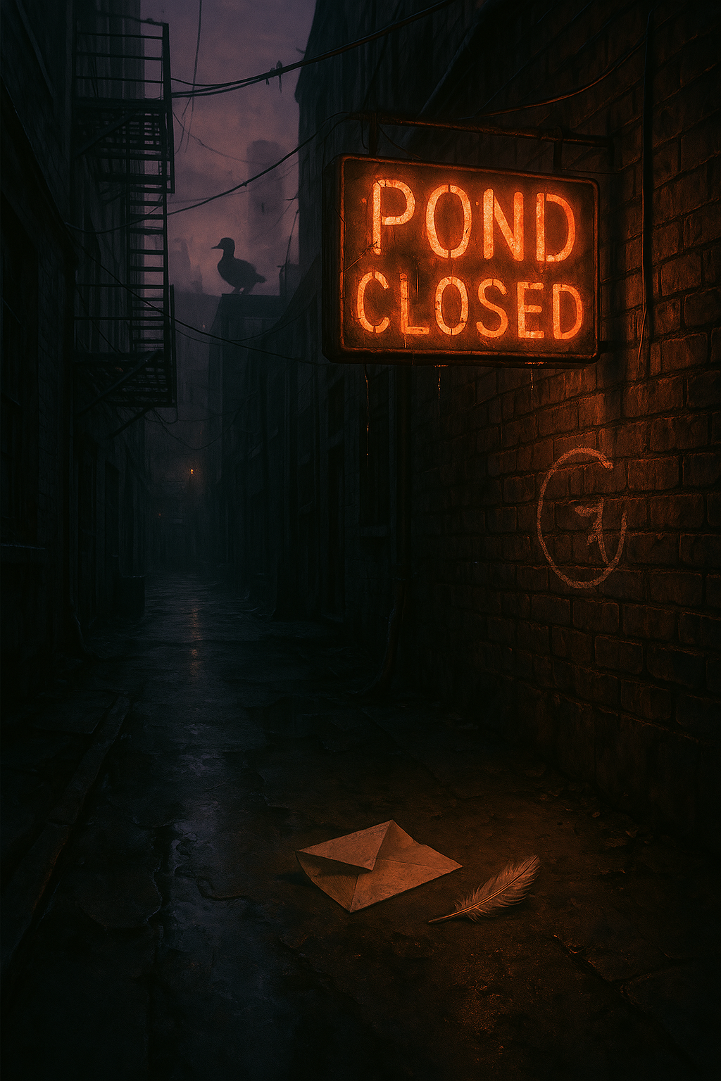 A gritty back alley in Torn City at dusk, lit only by the orange-pink glow of a flickering neon sign that reads “POND CLOSED” in fractured letters. The alley is damp, with cracked concrete and water dripping from rusted fire escapes. In the foreground, a small envelope lies open, a single duck feather resting beside it. Just above the envelope, drawn faintly in chalk on the brick wall, is a circled “G” with a slash through it. In the background, on a distant rooftop, the silhouette of Gilbert the duck watches silently—his figure barely visible in the haze, his head turned just slightly as if listening. The atmosphere is heavy with secrecy, decision, and impending action. No humans visible. Just the clues. The stillness.
