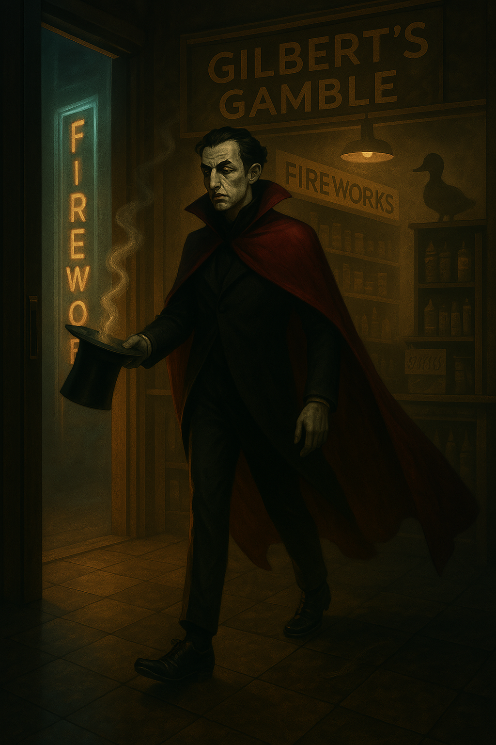 A cinematic, semi-realistic image of a magician entering a dimly lit fireworks stand called Gilbert’s Gamble. The magician—Marvolo the Third—is shown gliding forward through the open doorway. He is: • Dressed in a deep crimson, high-collared cloak that trails slightly behind him, fabric shimmering subtly like it’s enchanted. • Wearing polished black spats, formal dark trousers, and gloves. • Holding a tall, slightly impossible top hat in one hand, recently removed, with a faint trail of glowing mist rising from inside it. • Pale-faced, with sharp, aristocratic features, eyes half-lidded in theatrical exasperation. • His posture is elegant but tired, as if he’d rather be cryptic than verbal. The interior of Gilbert’s Gamble is cluttered with shelves of fireworks, handmade signage, and faint smoke lingering near the ceiling. Neon glows faintly from outside the door. In the far background, a silhouetted duck—clearly Gilbert—is watching from a high shelf or distant corner. The silhouette is subtle, cast against light and fog. The duck’s body language should suggest suspicion or scrutiny. Lighting should be moody and noir-like. Soft shadows, glowing shop lights reflecting faintly off old linoleum floor tiles. The mood is mysterious and theatrical, like the beginning of an important reveal.