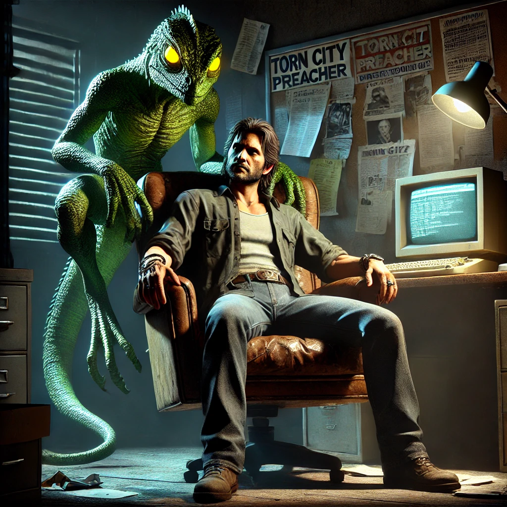 A mysterious reptilian humanoid with green, scaly skin and glowing yellow eyes standing behind Joshua Mason, the Torn City preacher, who is lounging in a worn-out computer chair. Joshua Mason has a rugged, streetwise look, wearing a casual shirt with rolled-up sleeves, and his hat tilted slightly as he leans back. The reptilian figure looms behind him, its clawed hands resting on the back of the chair, as if watching over him or influencing his thoughts. The setting is a dimly lit room with a cluttered desk, an old computer monitor flickering, and walls covered with newspaper clippings and conspiracy notes. The atmosphere is eerie, with shadows cast by the single light source in the room.
